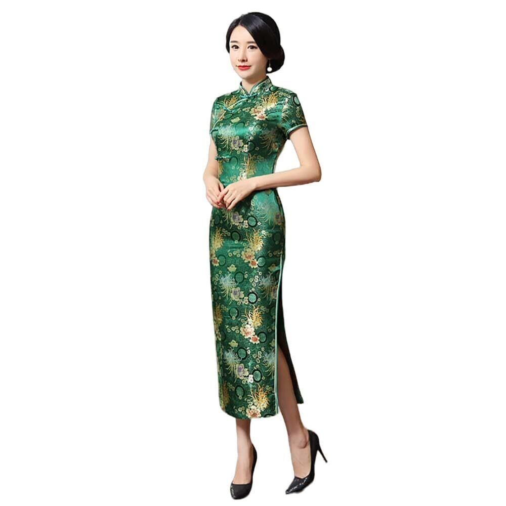 2576 Short Sleeve Cheongsam Long Dress Traditional Mandarin Collar Side